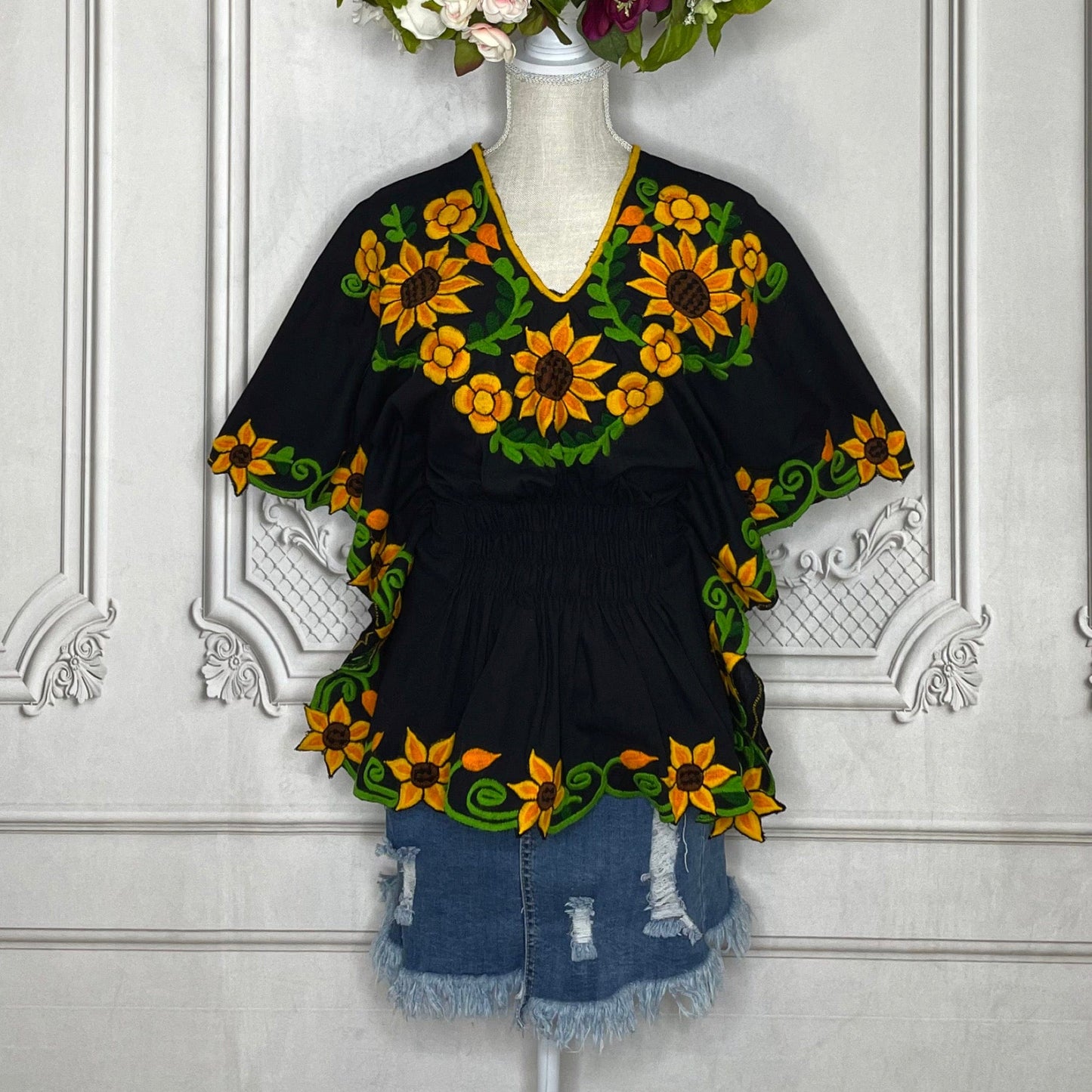 Butterfly Sleeve Peplum Blouse - Sunflowers