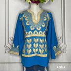 Corn Motif Mexican Blouse 3/4 Sleeve - Two Tone