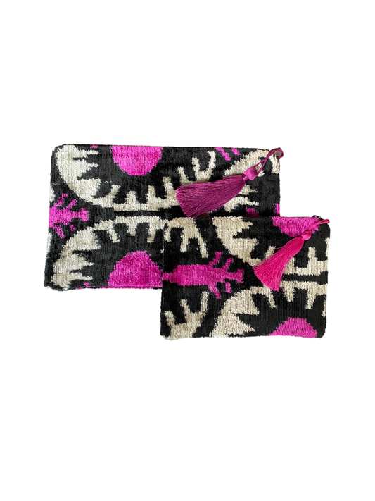 Silk Velvet Ikat Clutch/Pouch Pink Burst
