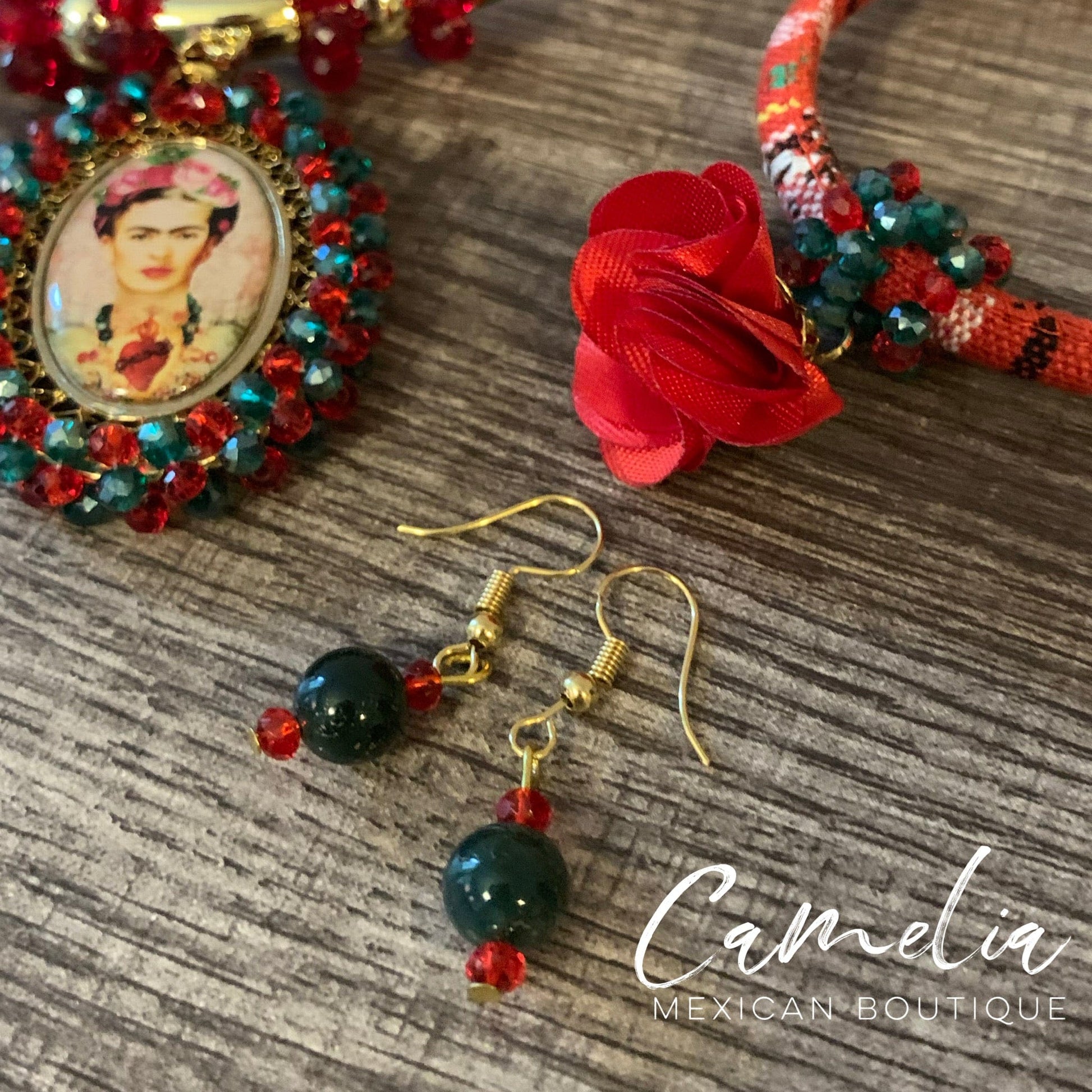 Frida Pendant Mexican Necklace Set RED