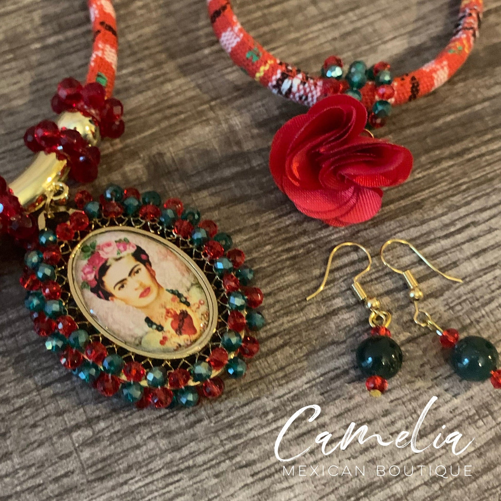 Frida Pendant Mexican Necklace Set RED