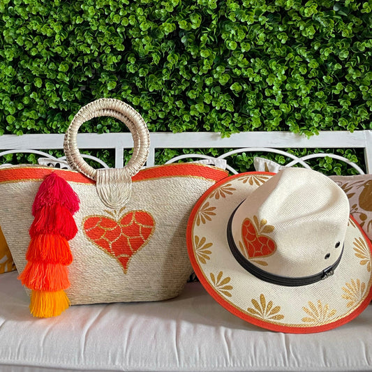 Hand Painted Frida Heart Palm Tote and Hat Set