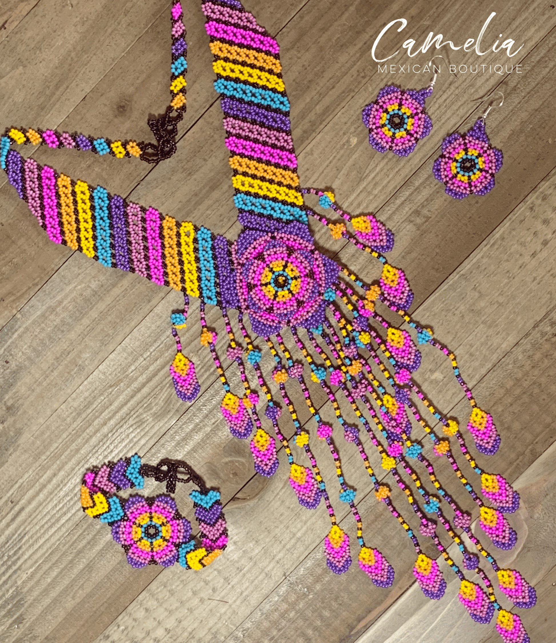 Huichol Native American Beaded Necklace Set - Flower