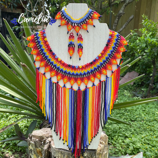 Huichol Native American Beaded Necklace Set - Waterfall