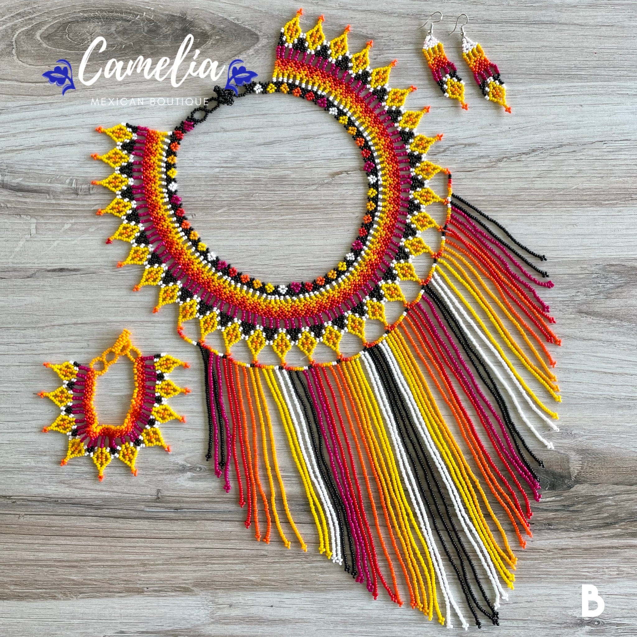 Huichol Native American Beaded Necklace Set - Waterfall