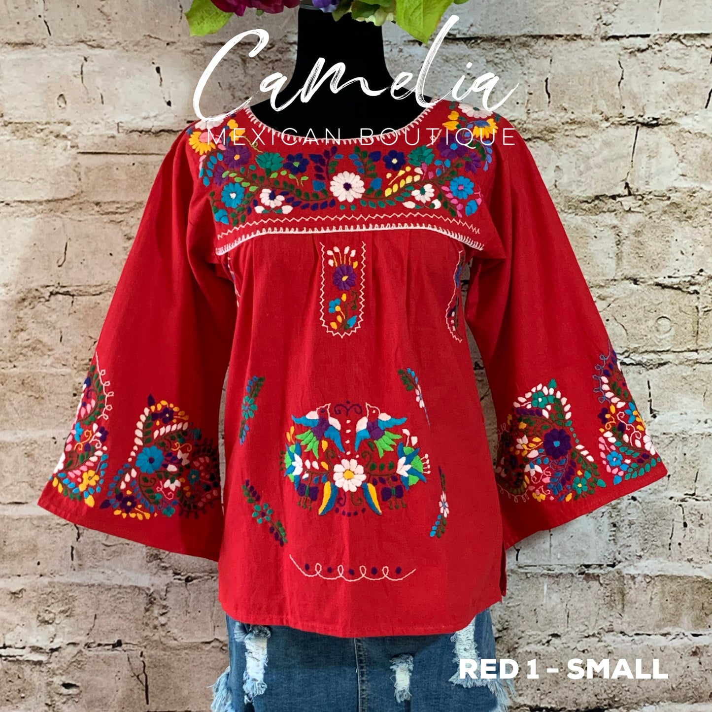 Mexican Blouse Traditional Embroidered Red All Sizes Plus Sizes Puebla -   Canada