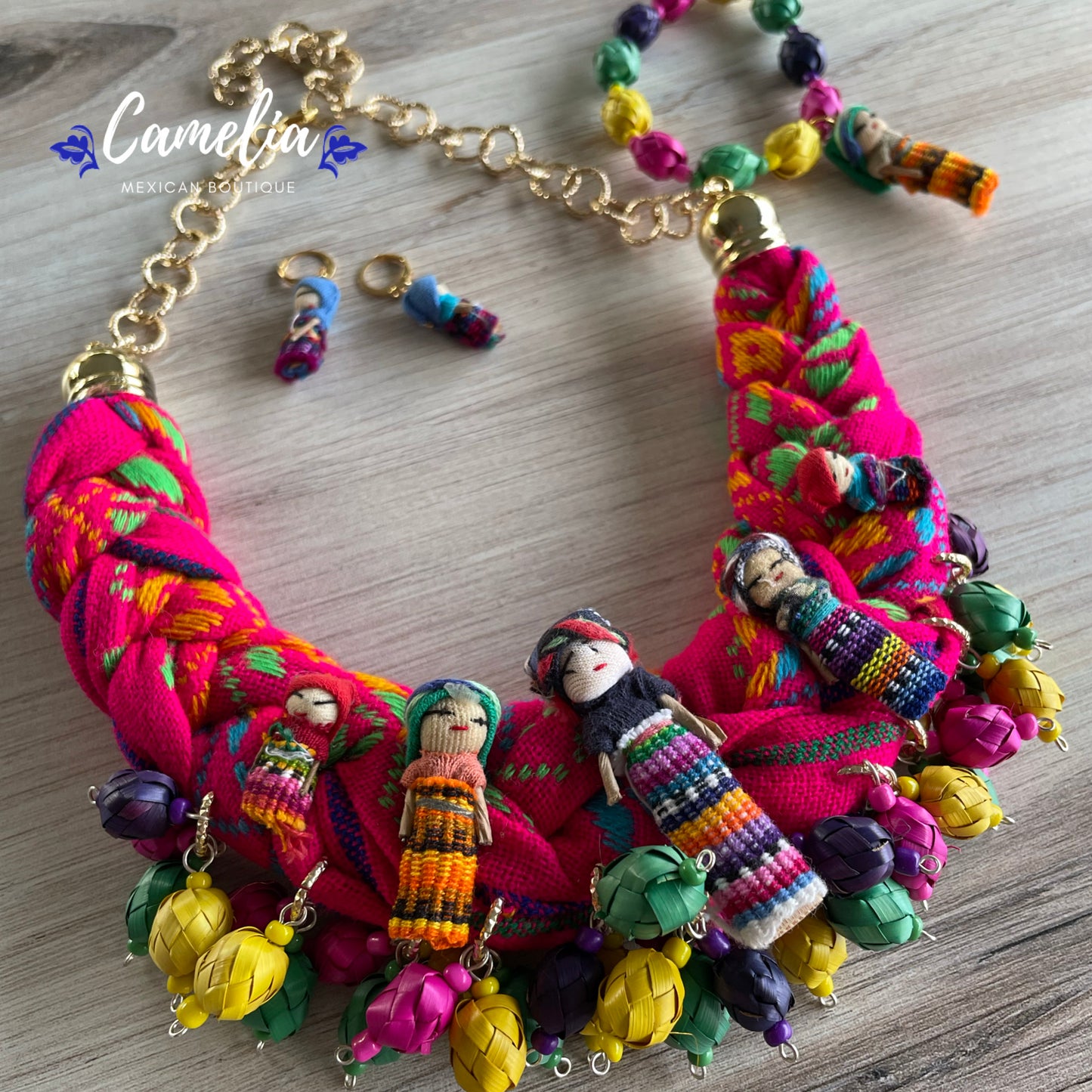 Mexican Quitapena Mayan Doll Palm Necklace Set