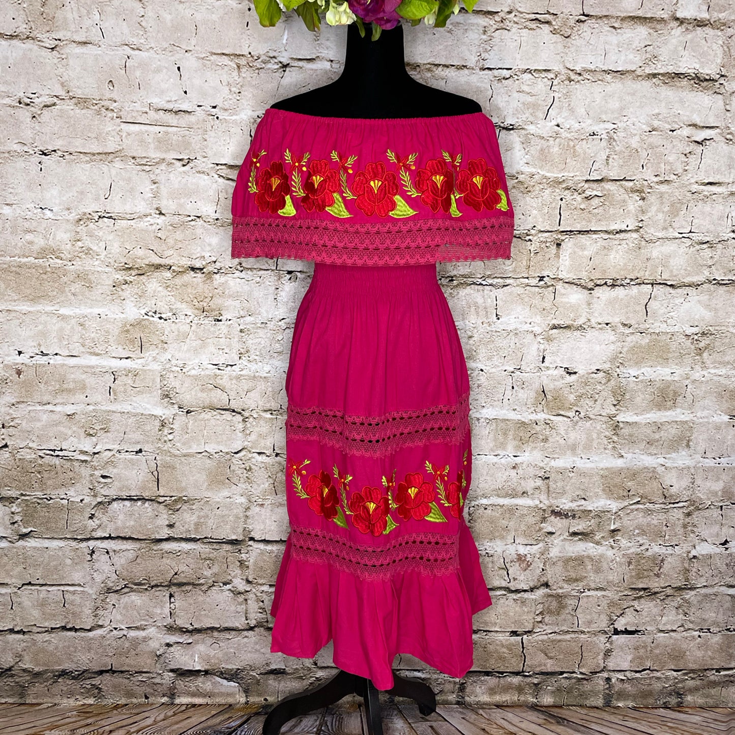 Off Shoulder Laced Midi Dress - Red Roses