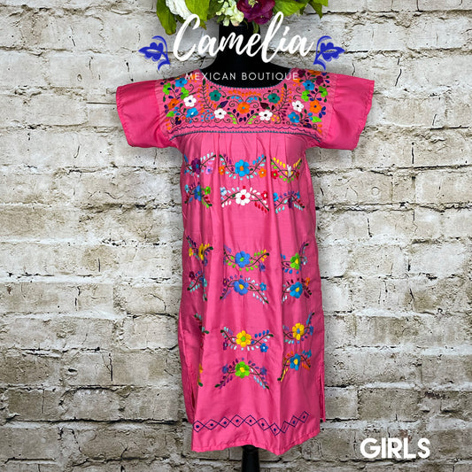 Mexican Dress Puebla Hot Pink W/ Multicolored Embroidery -  Canada
