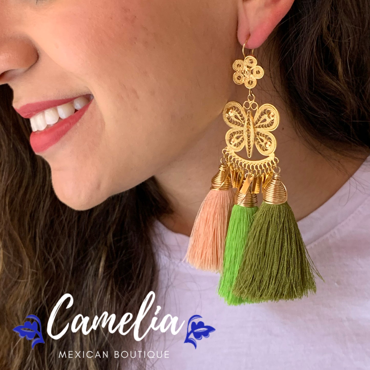 Oaxacan Filigree Tasseled Earrings - Olive