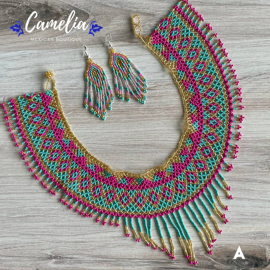 Huichol Mexican Beaded Necklace Set - Triangle