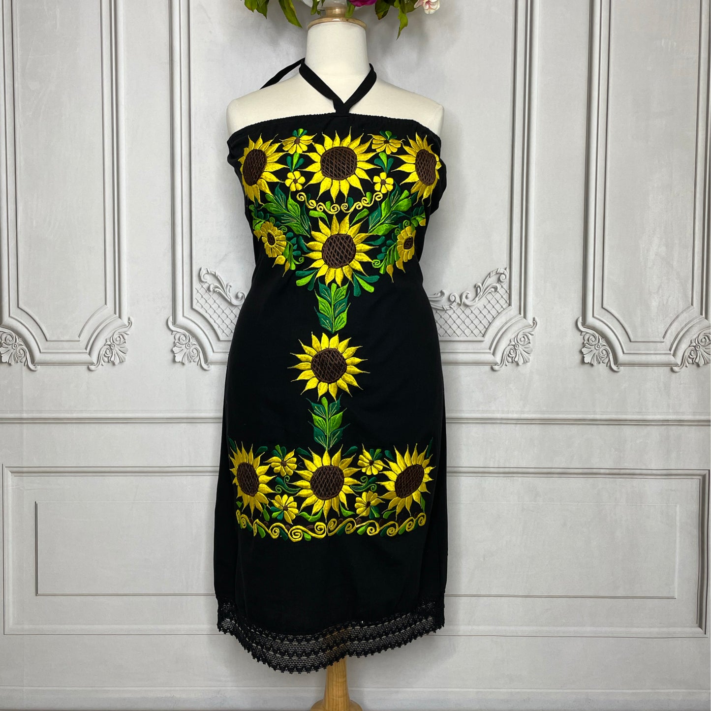Mexican Halter Dress Sunflowers - Midi Lace