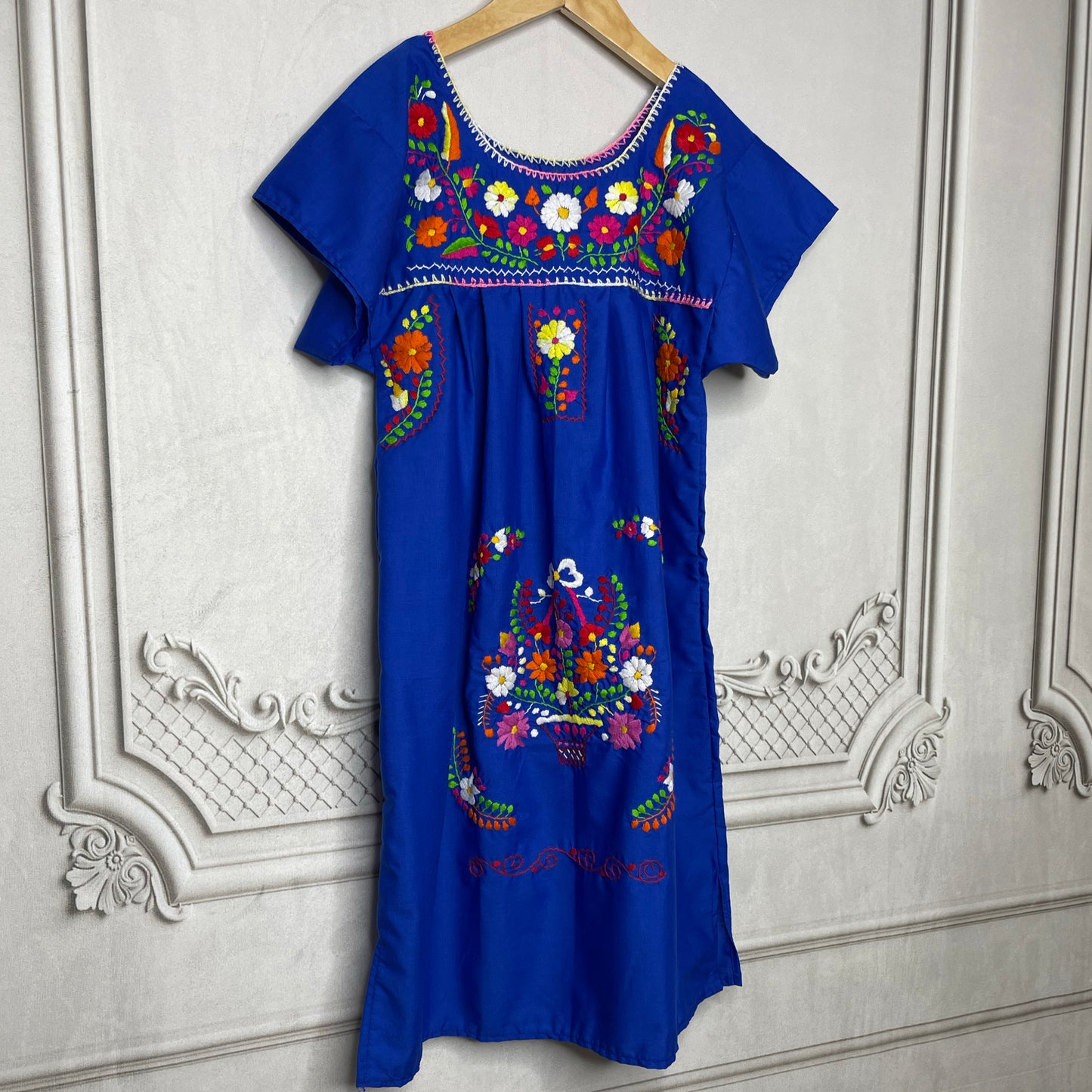 Puebla Mexican Dress w/ Belt Bata con Faja Vestido Flowers Blue M/L 1 Size  1812