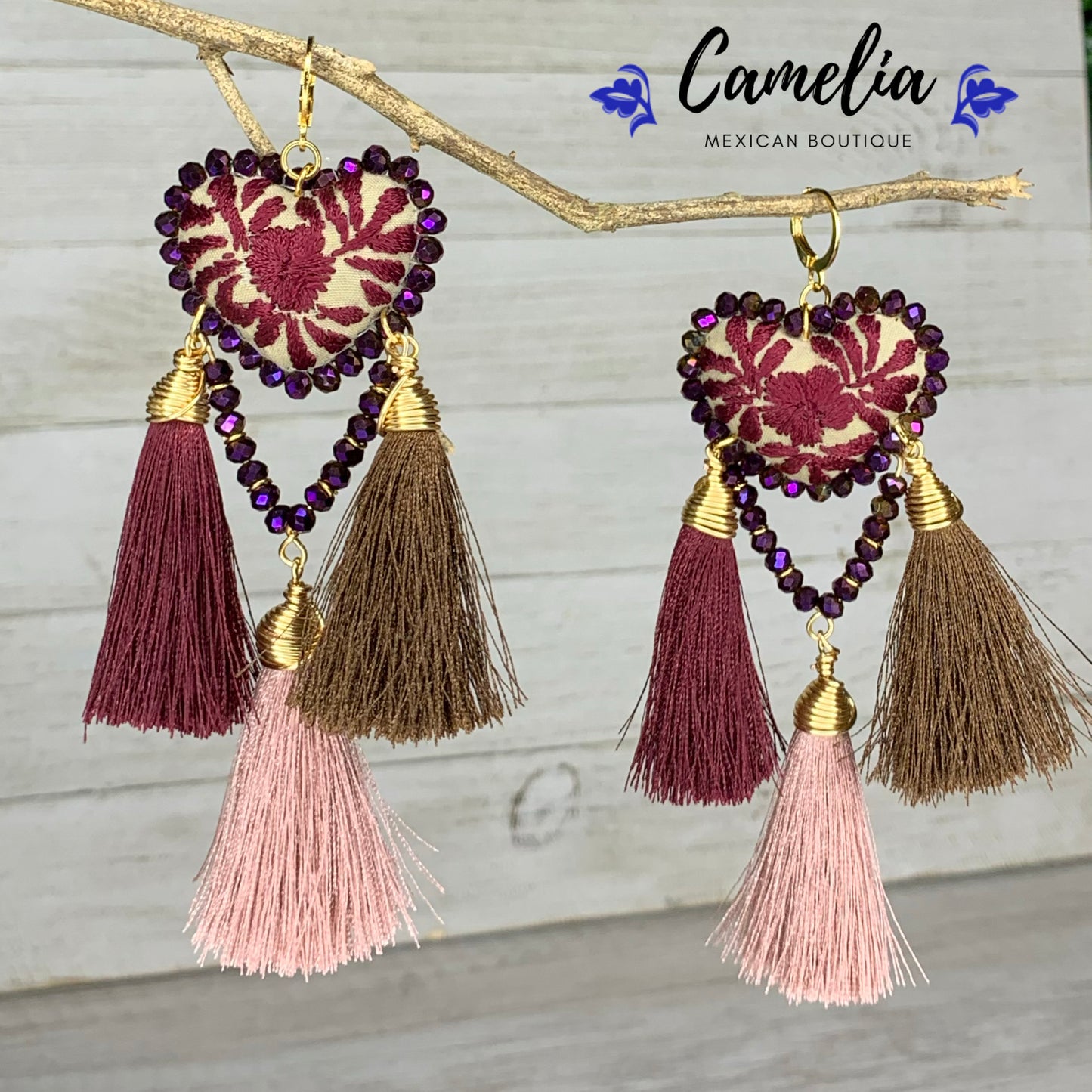 San Antonino Embroidered Heart Tasseled Earrings - Plum