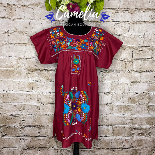 Mexican Dress Puebla Short with Tan Embroidery Mini Dress | For women Sizes  S-XL