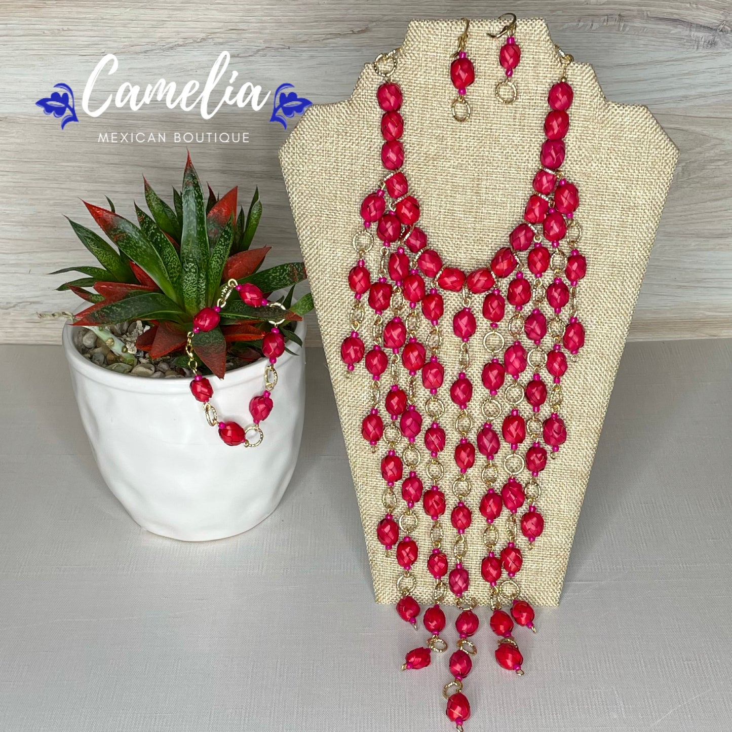 Mexican Palm Necklace Set - Red