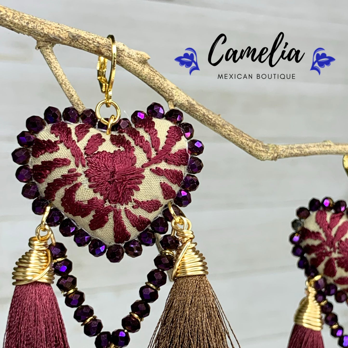 San Antonino Embroidered Heart Tasseled Earrings - Plum