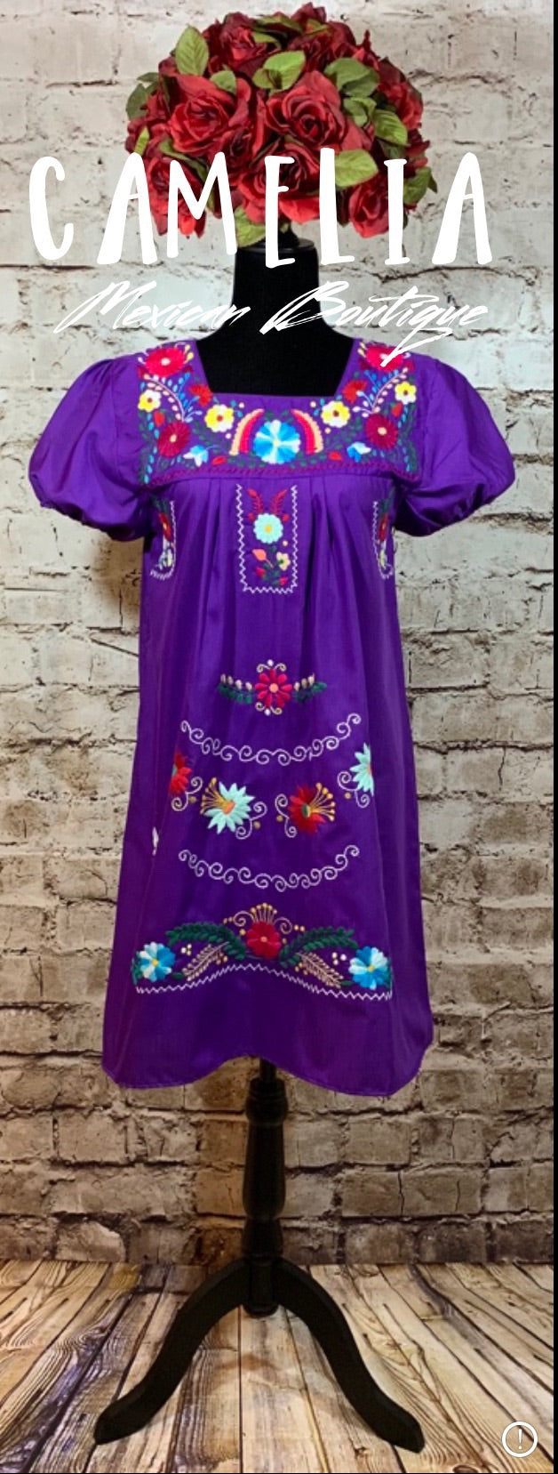 Puebla Mexican Dress Elastic Sleeve