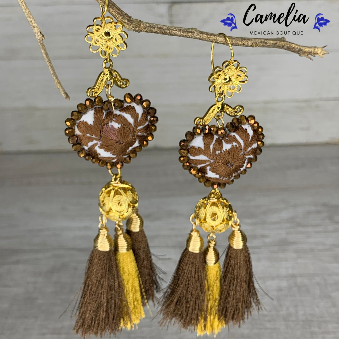 San Antonino Filigree Embroidered Heart Tasseled Earrings - Brown