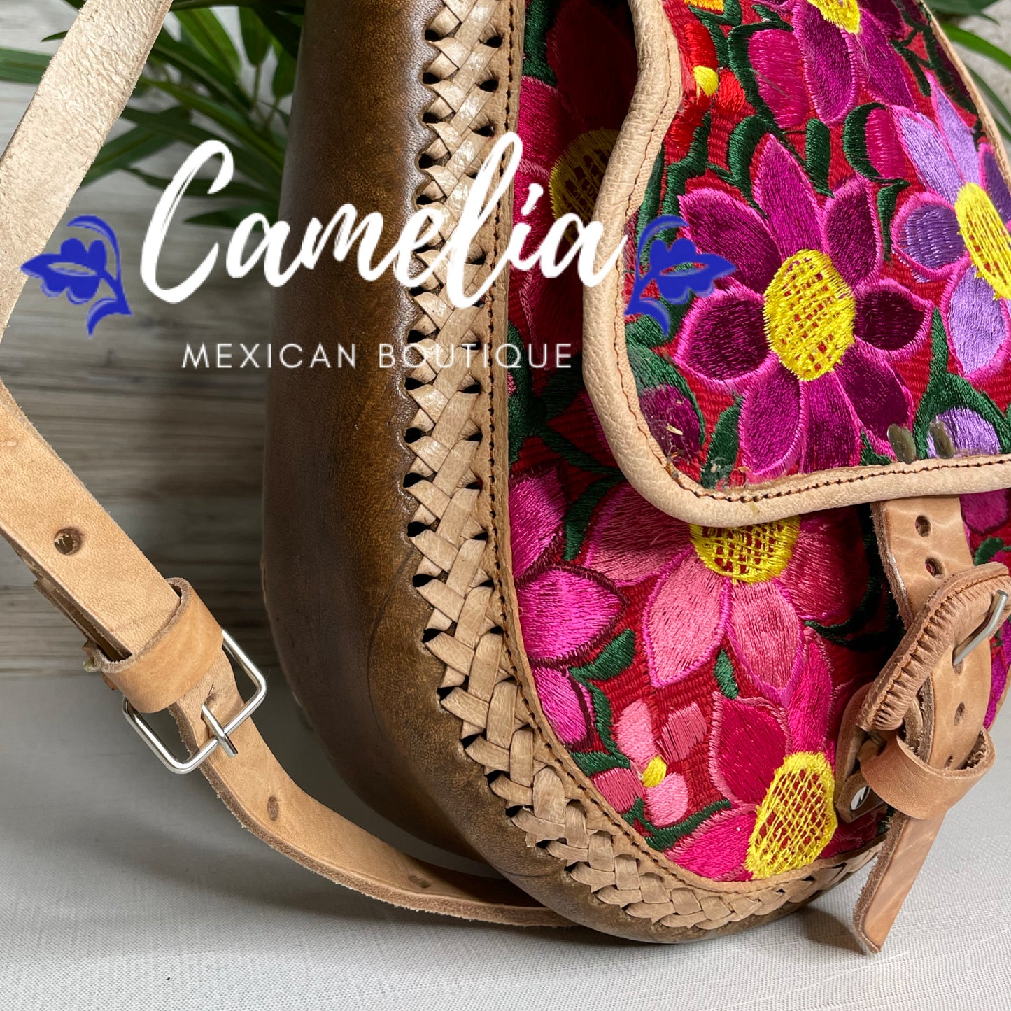 Mexican Leather Crossbody Saddle Bag - Embroidered