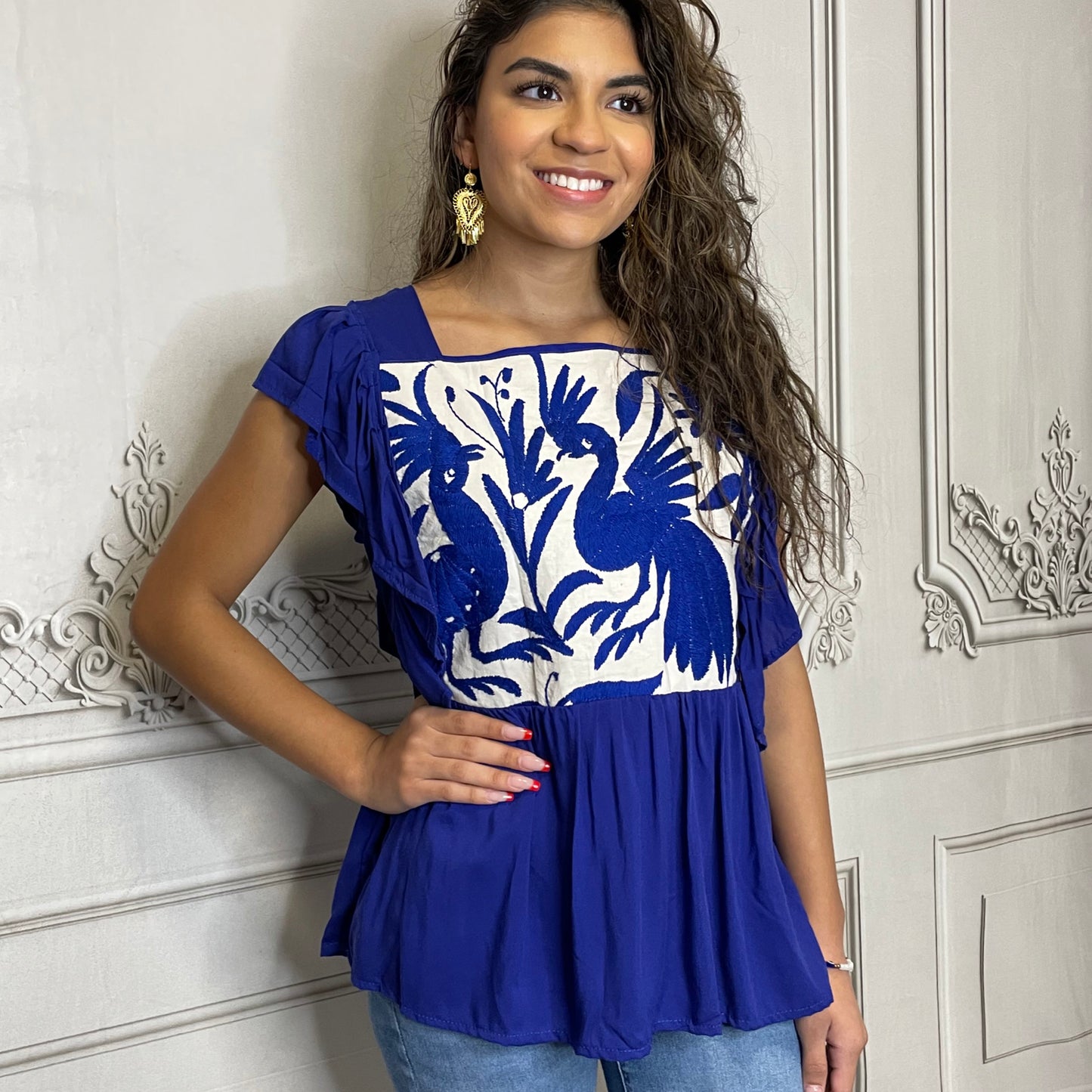 Mexican Otomi Peplum Blouse - Butterfly Sleeve