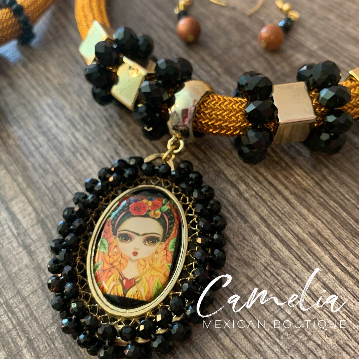 Frida Pendant Mexican Necklace Set GOLD