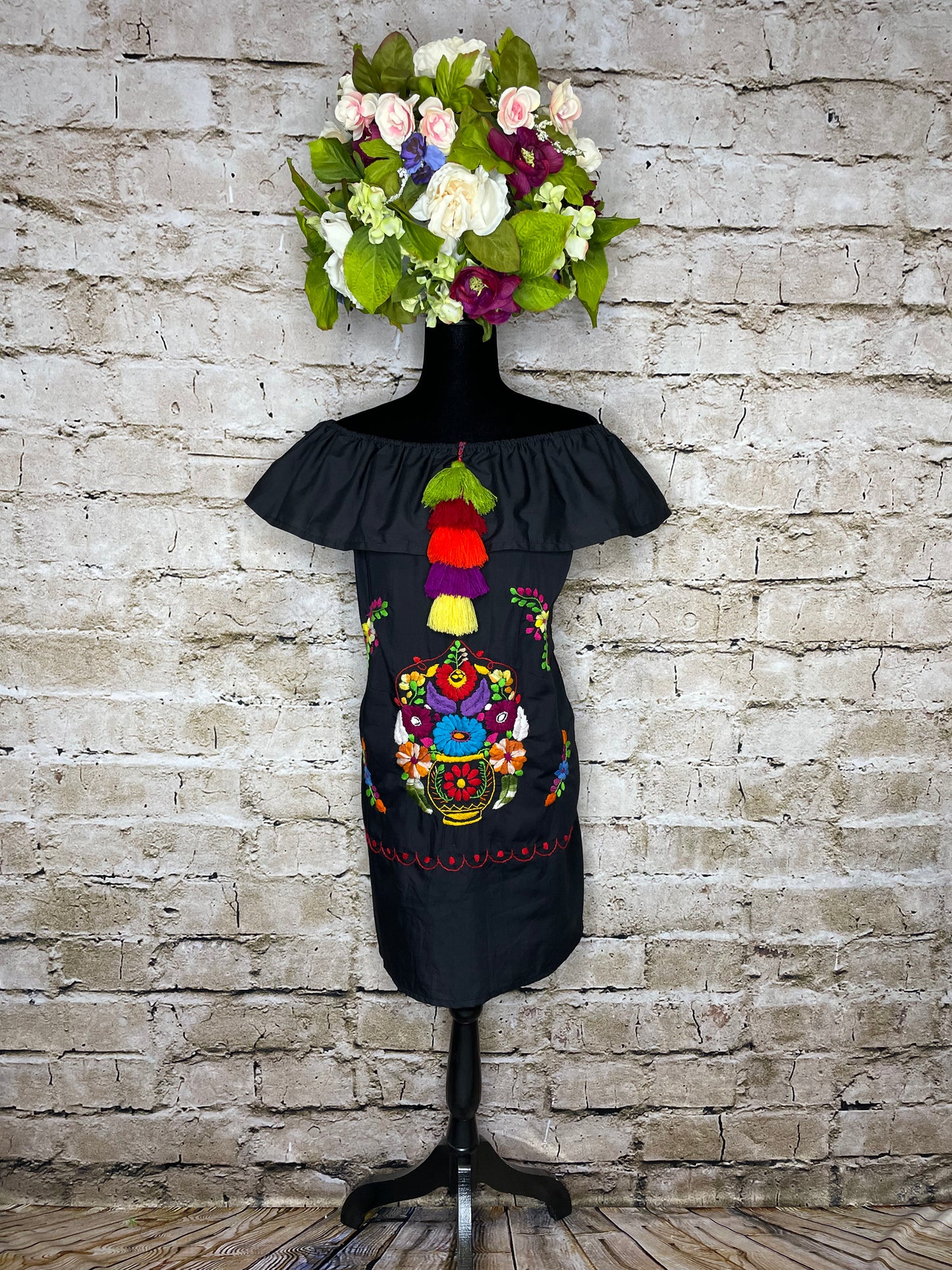 Off Shoulder Puebla Mexican Dress - Ruffle Pom-Pom