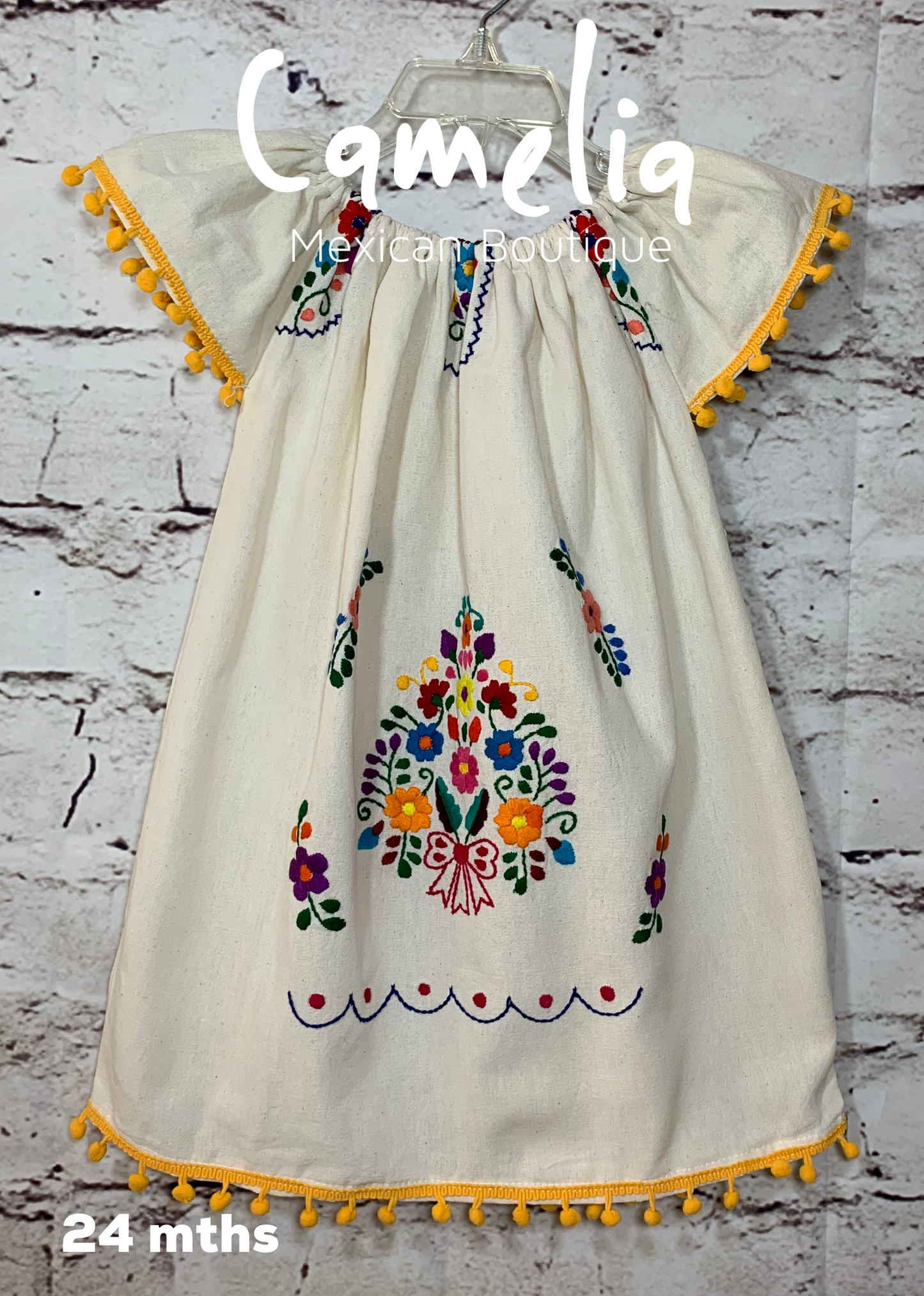 Puebla Girl Mexican Dress Pom Pom