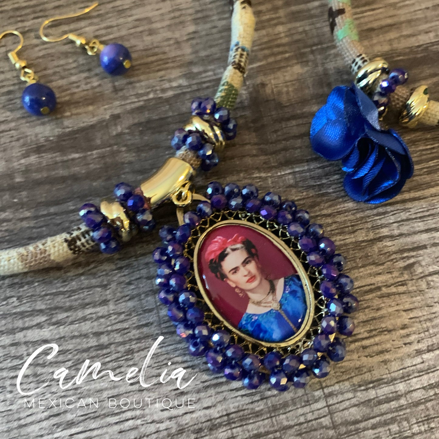 Frida Pendant Mexican Necklace Set BLUE