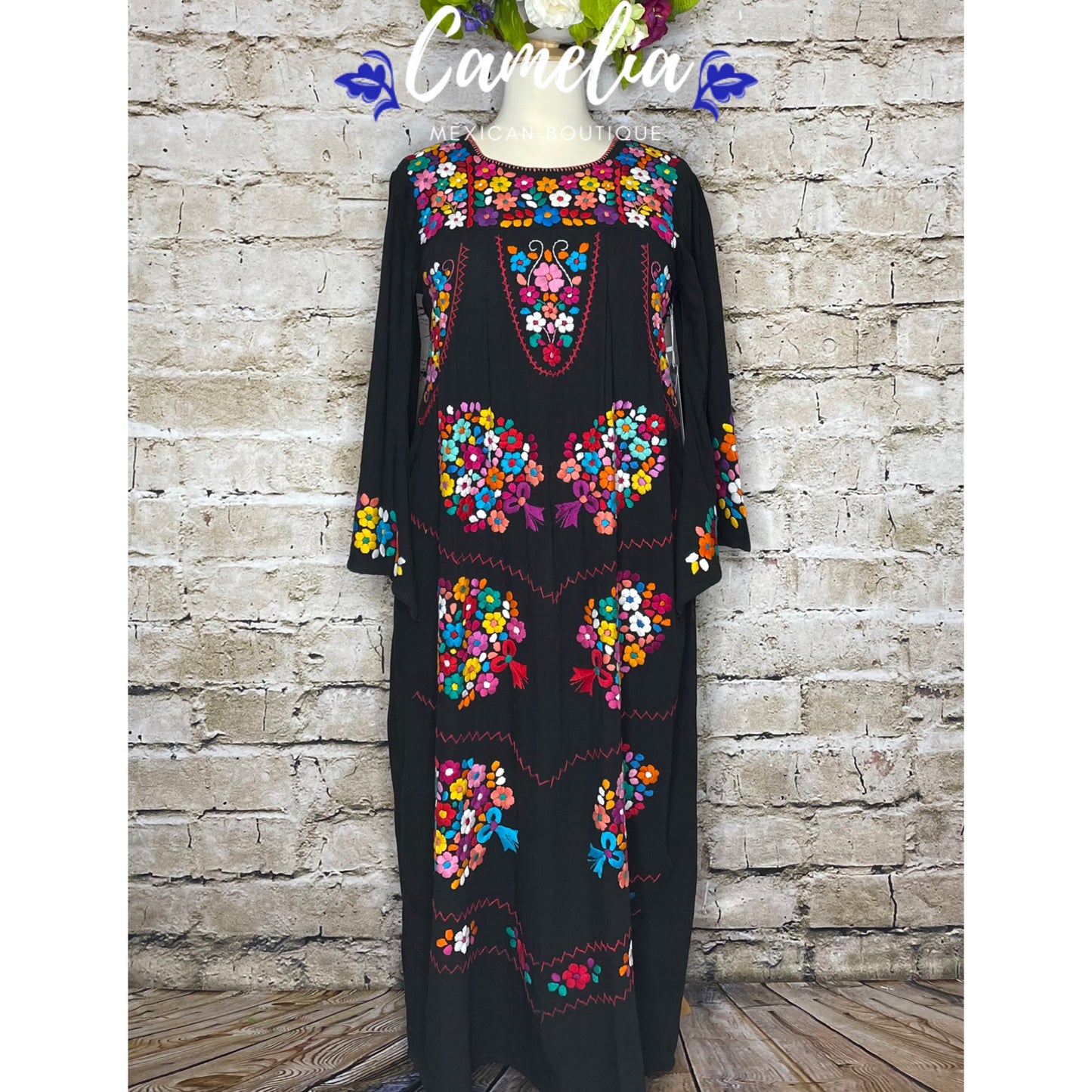Puebla Maxi Mexican Dress Bell Sleeve