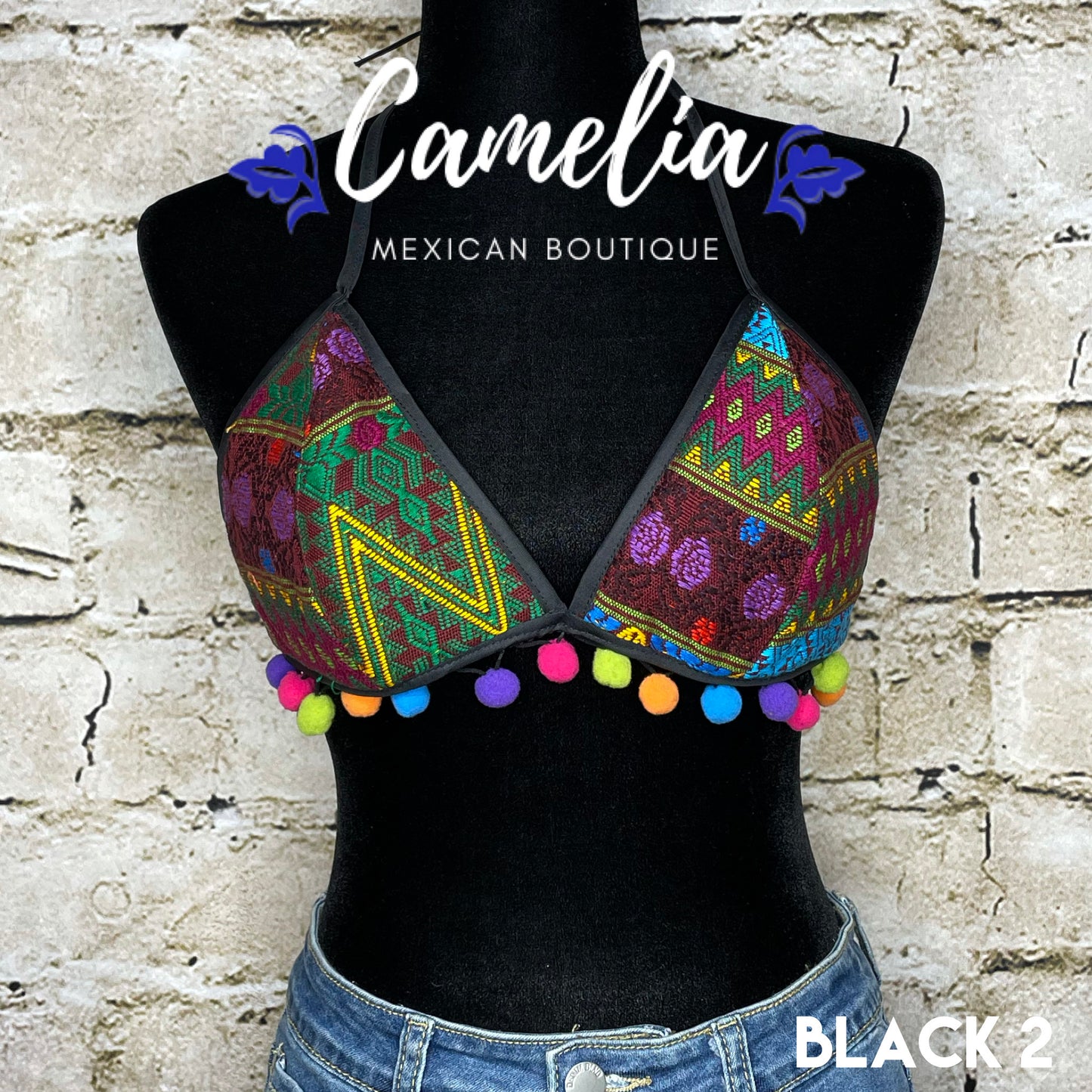Mexican Embroidered Bikini Top with Poms - SAN ANDRES
