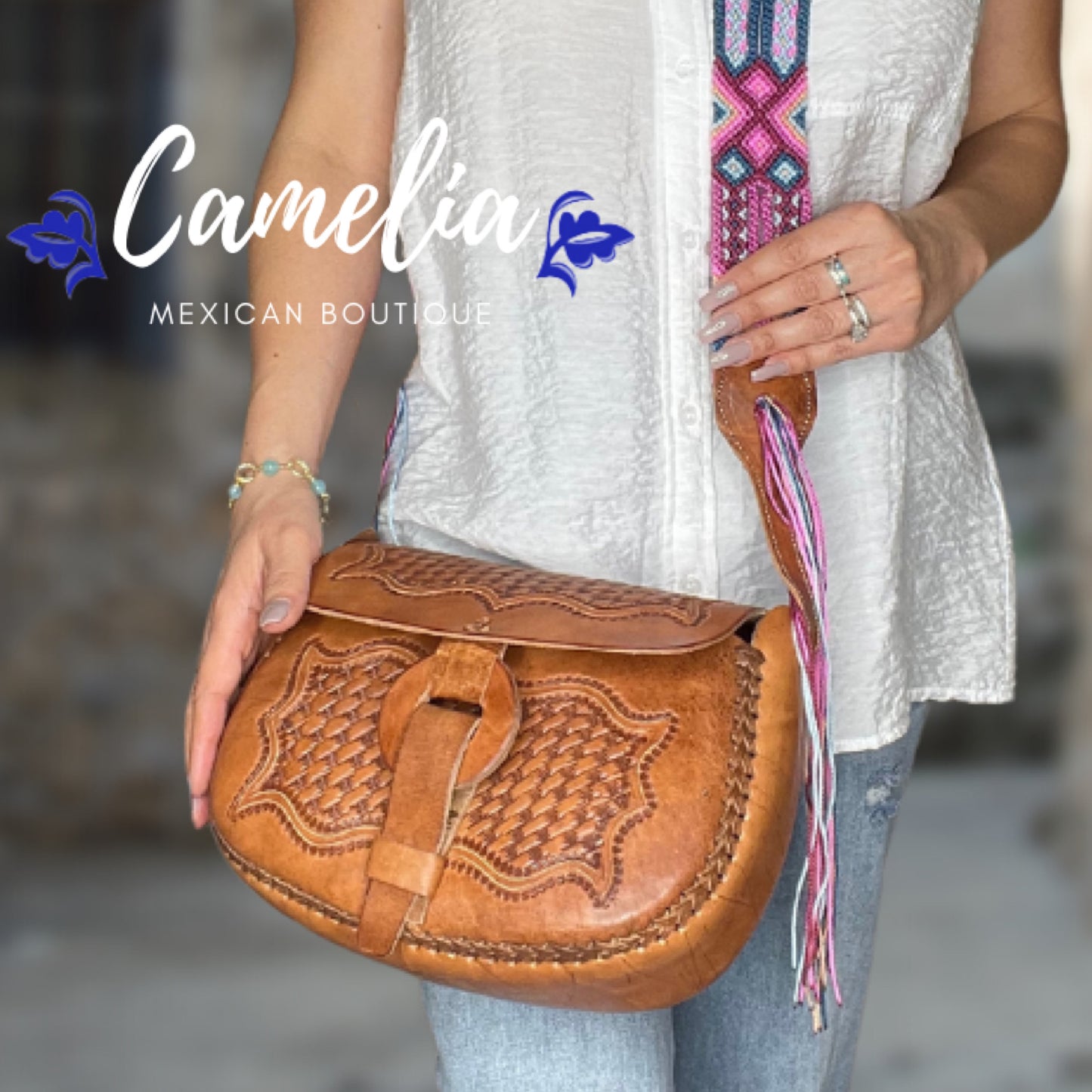 Mexican Leather Saddle Crossbody Bag - Hand Tooled