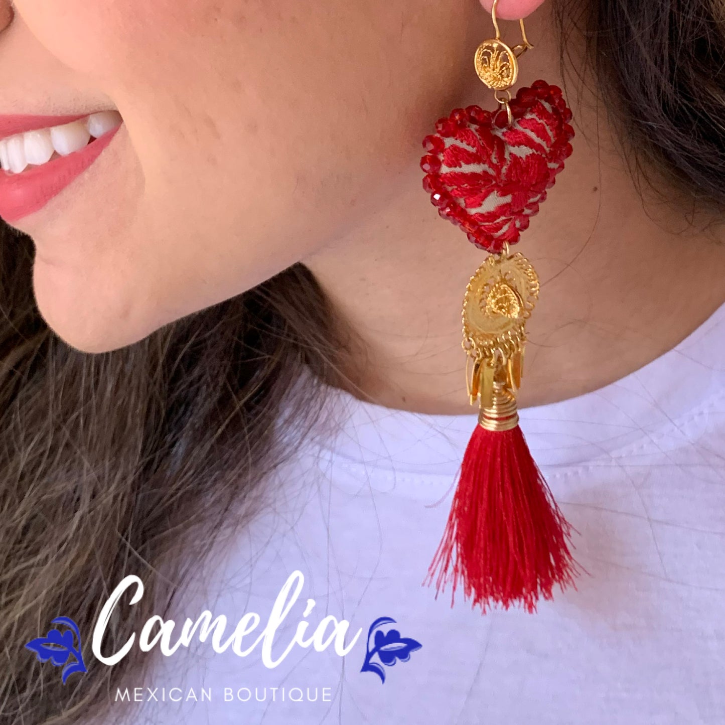San Antonino Filigree Embroidered Heart Tasseled Earrings - Red