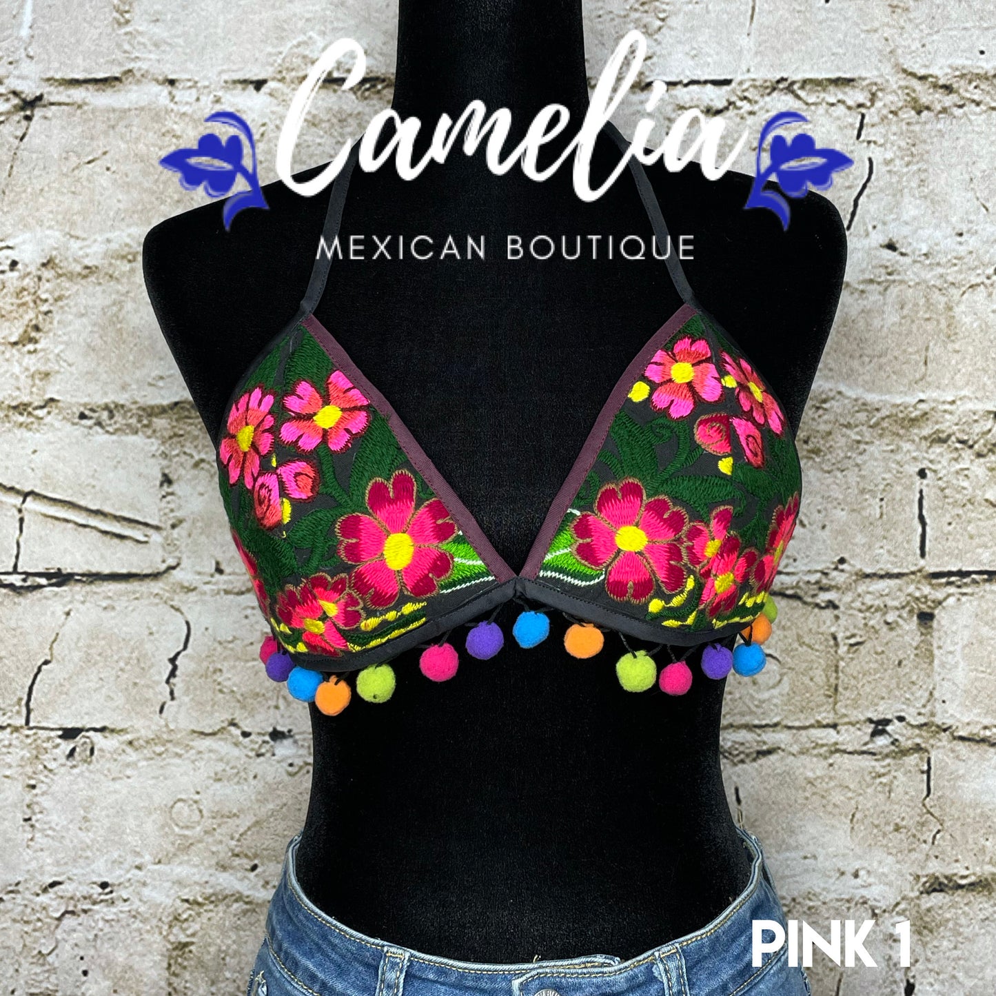 Mexican Embroidered Bikini Top with Poms - ZINNIA