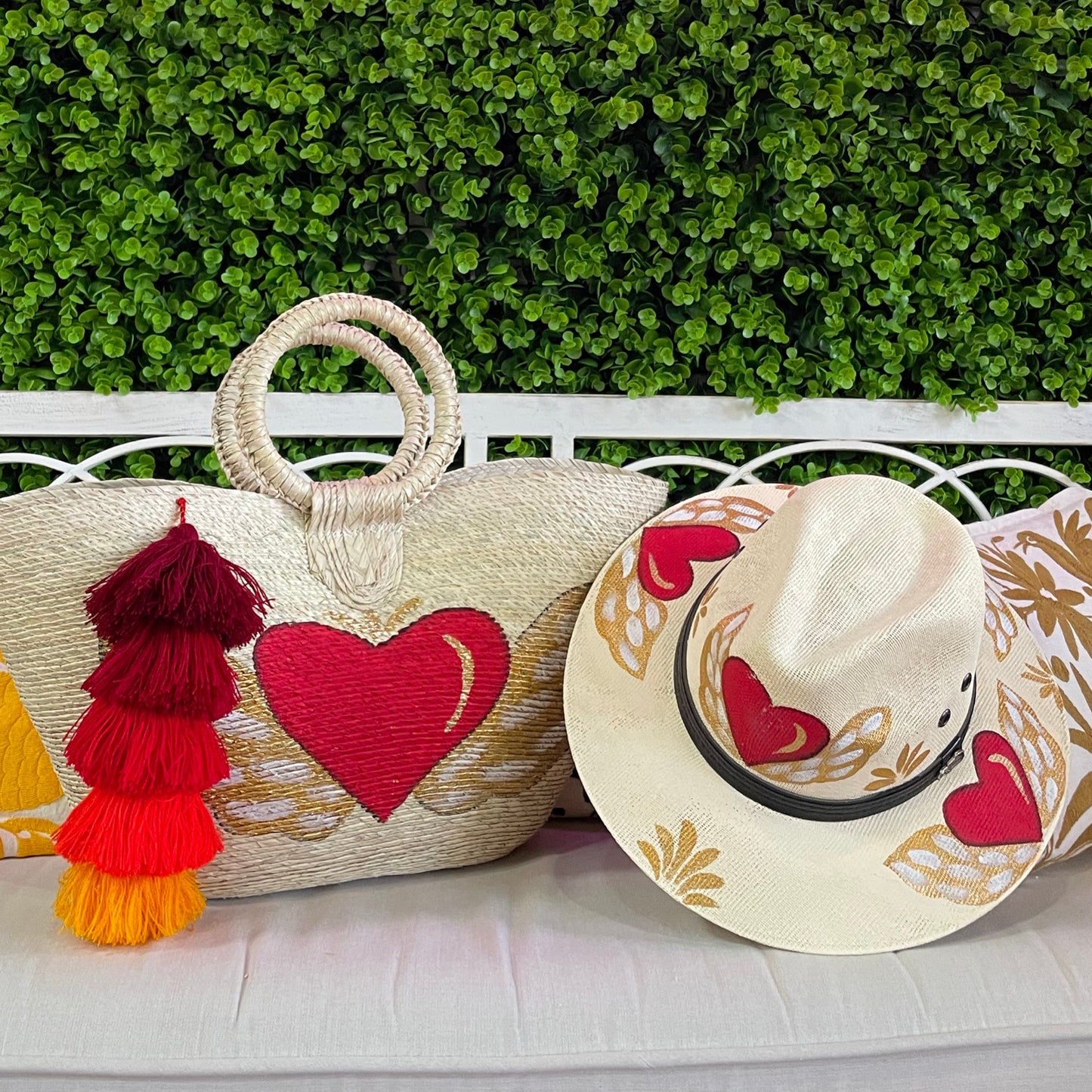 Hand Painted Frida Heart Palm Tote and Hat Set