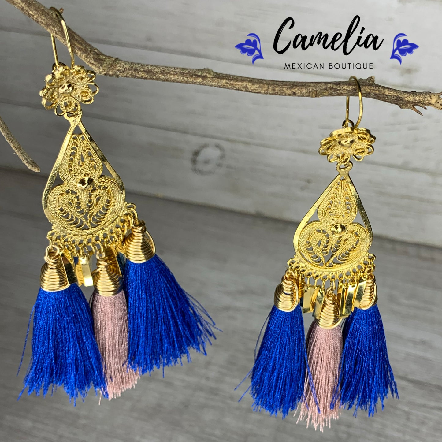 Oaxacan Filigree Tasseled Earrings - Blue Mauve