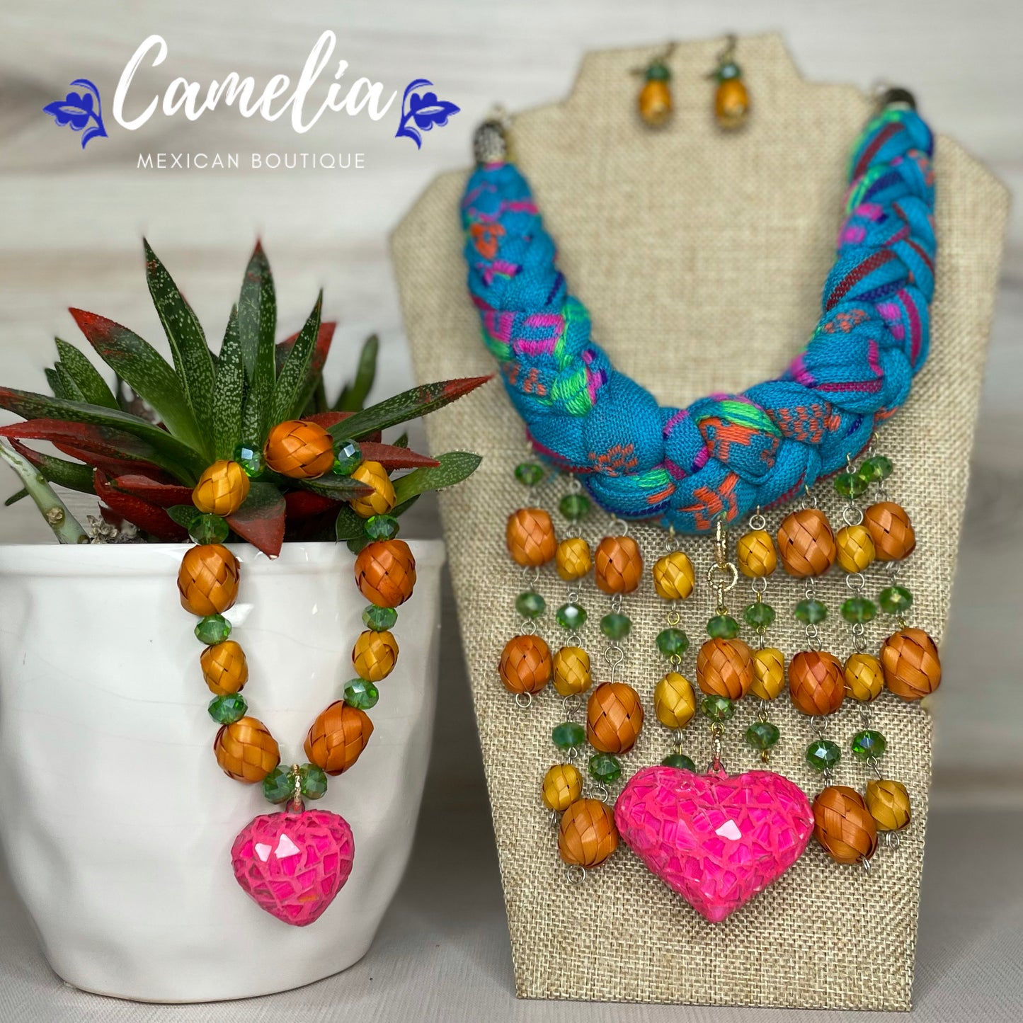 Mexican Palm Necklace Set Mosaic Heart