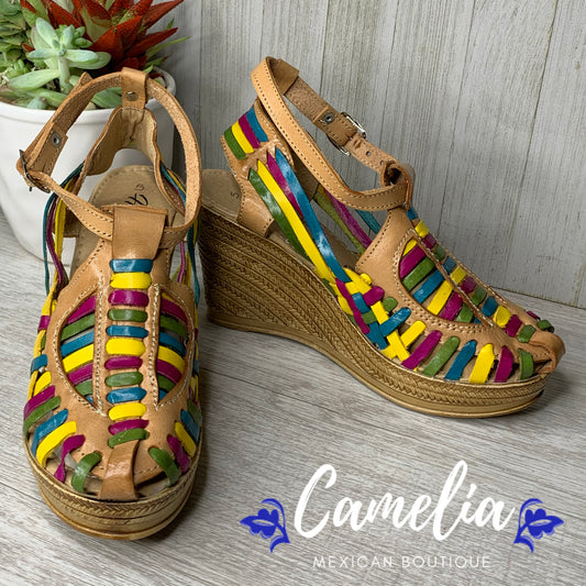 Mexican Leather Wedge Sandals Rainbow