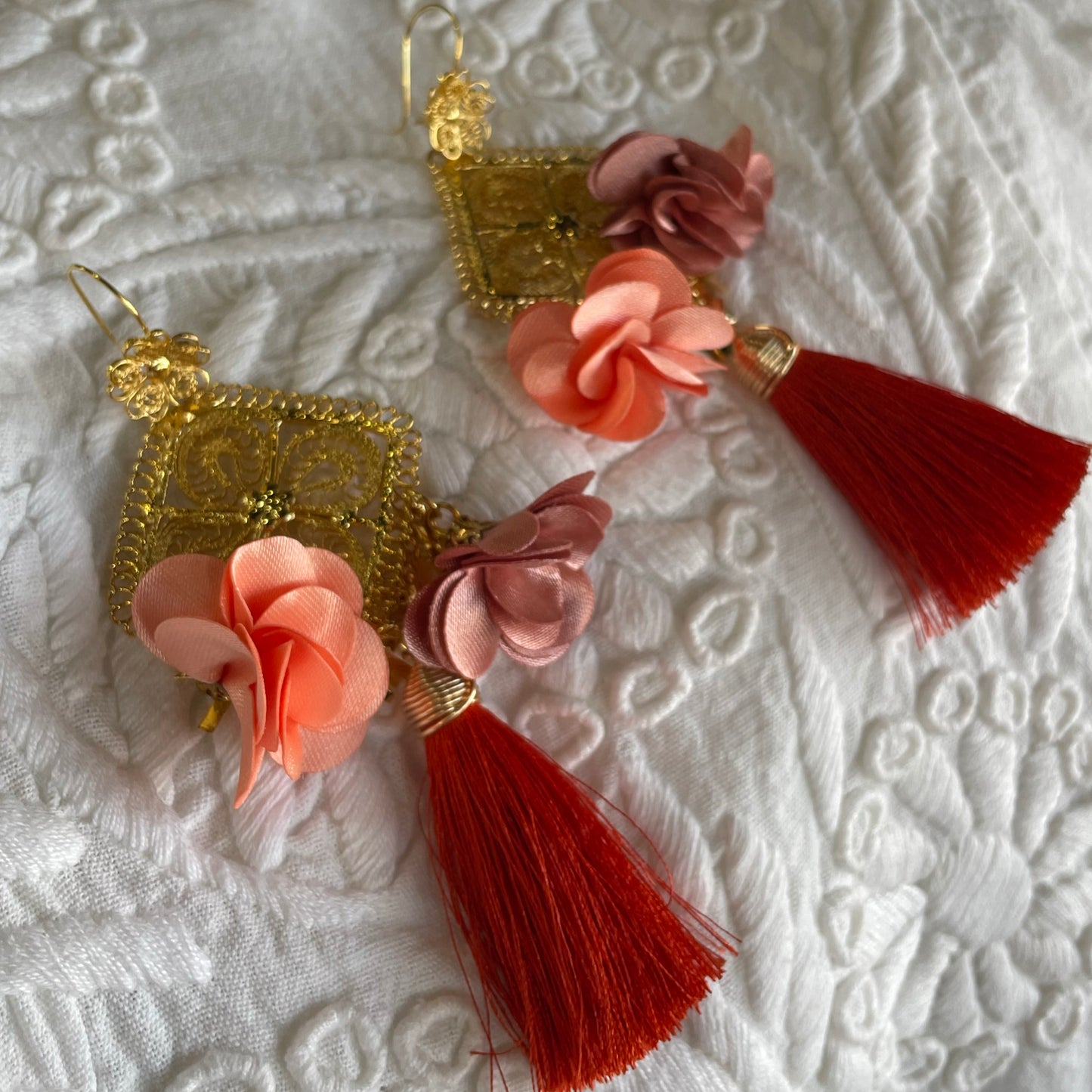 Oaxacan Filigree Fabric Flower Earrings - Burnt Orange