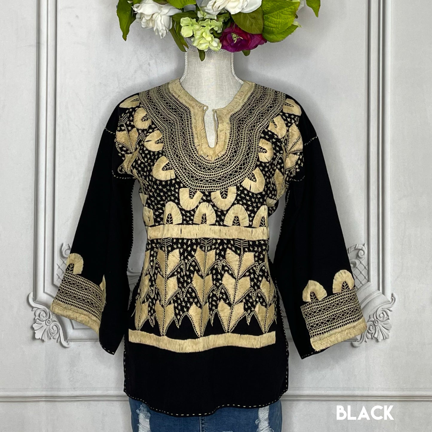 Corn Motif Mexican Blouse 3/4 Sleeve - Two Tone