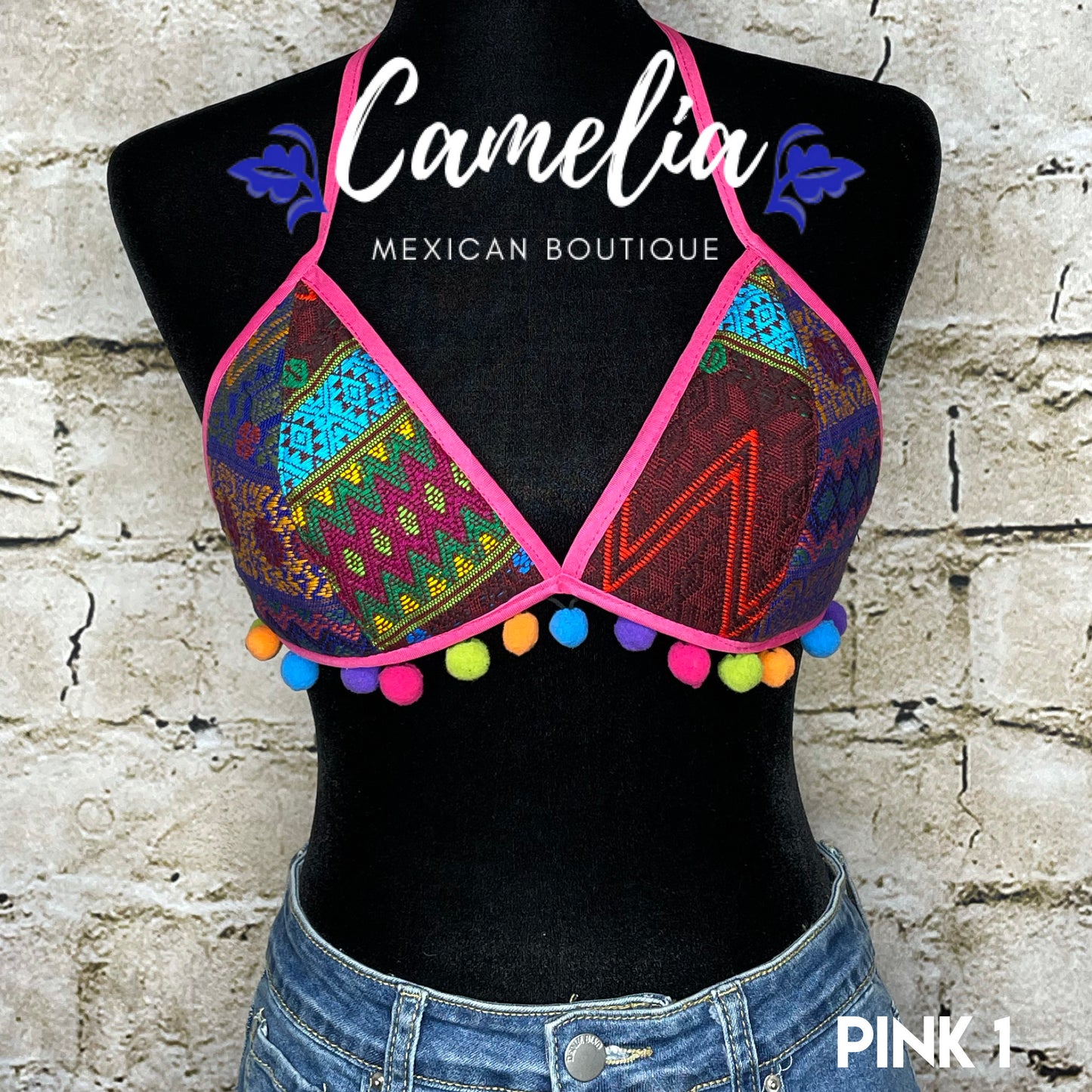 Mexican Embroidered Bikini Top with Poms - SAN ANDRES