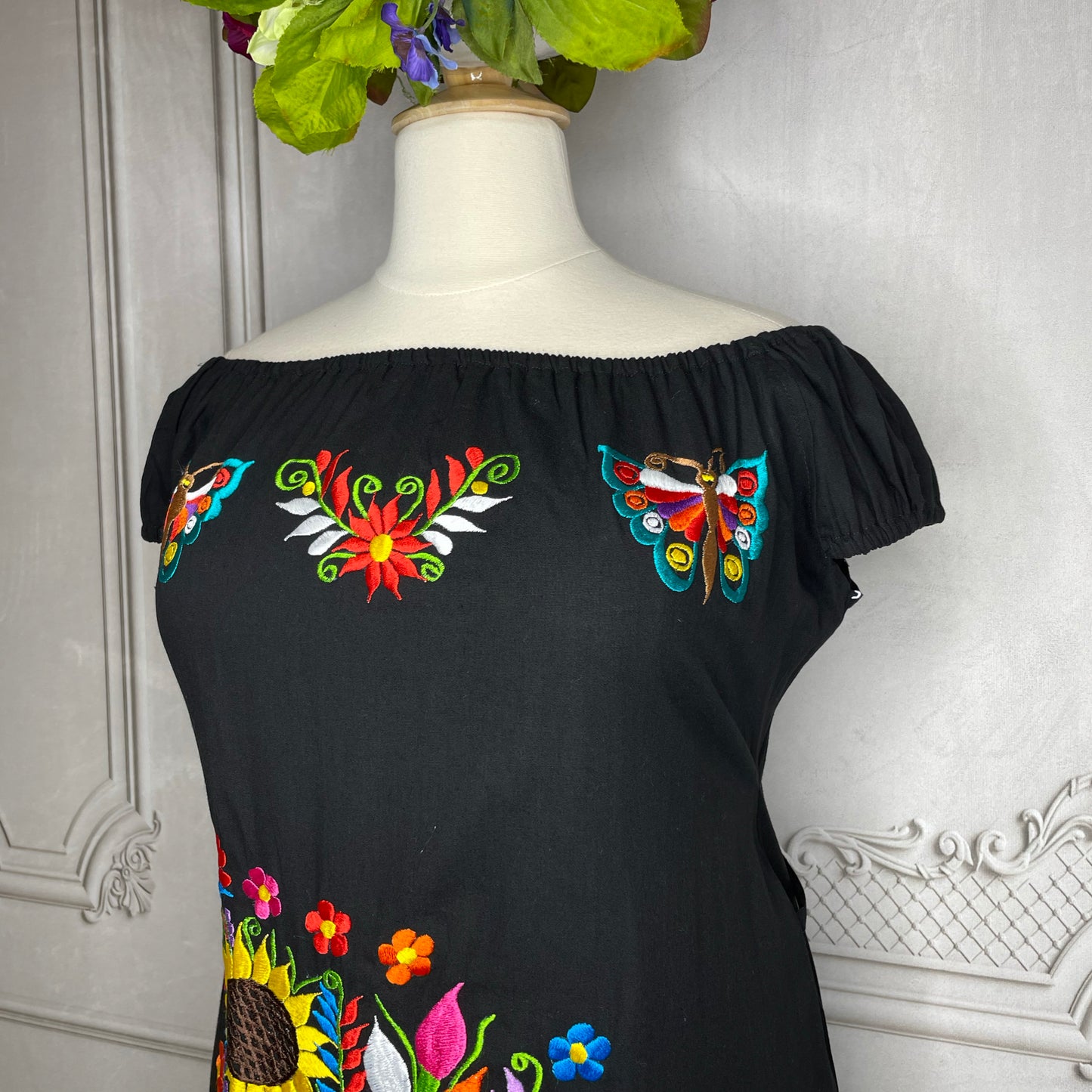 Off Shoulder Elastic Mexican Dress- Sunflower