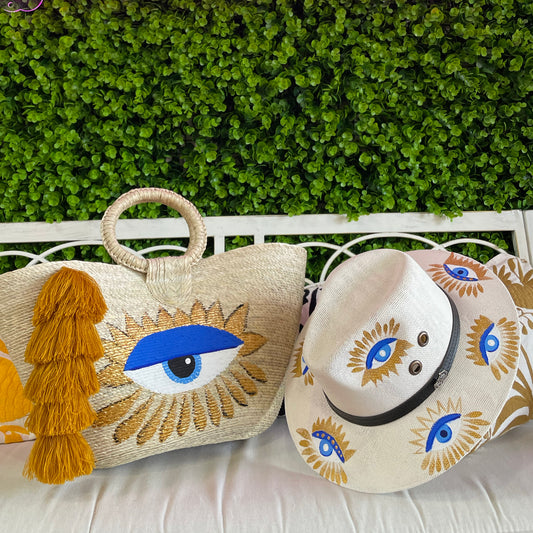 Hand Painted Evil Eye Palm Tote and Hat Set