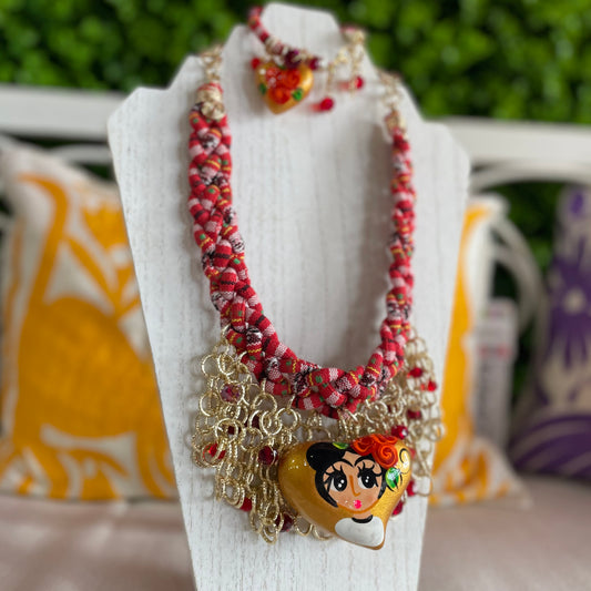 Frida Necklace Set - Ceramic Heart Braided