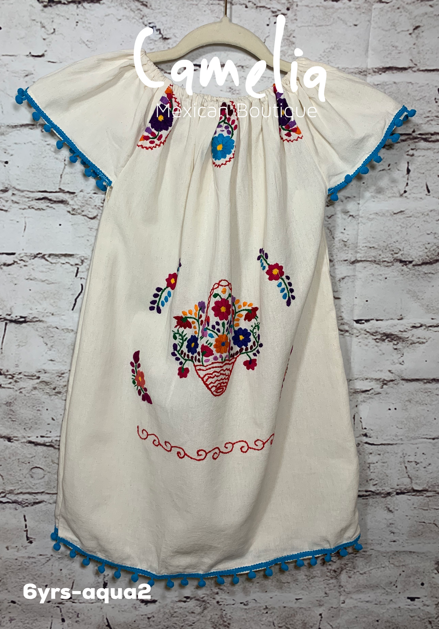 Puebla Girl Mexican Dress Pom Pom