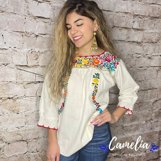 LauraKlein Women's Boho Mexican Embroidered Tops for Women 3/4