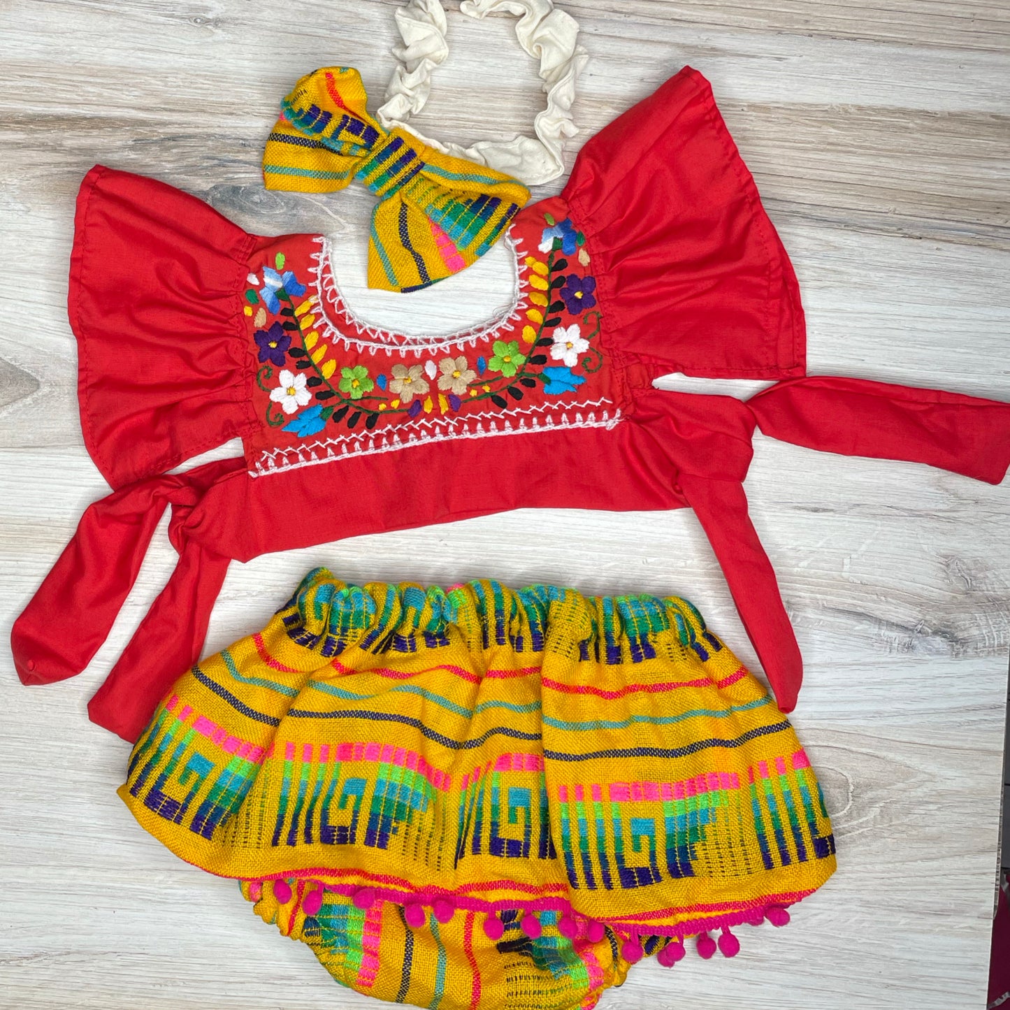Cambaya Mexican Baby Crop Top and Pom Pom Skirted Bummie Set - Side Ties