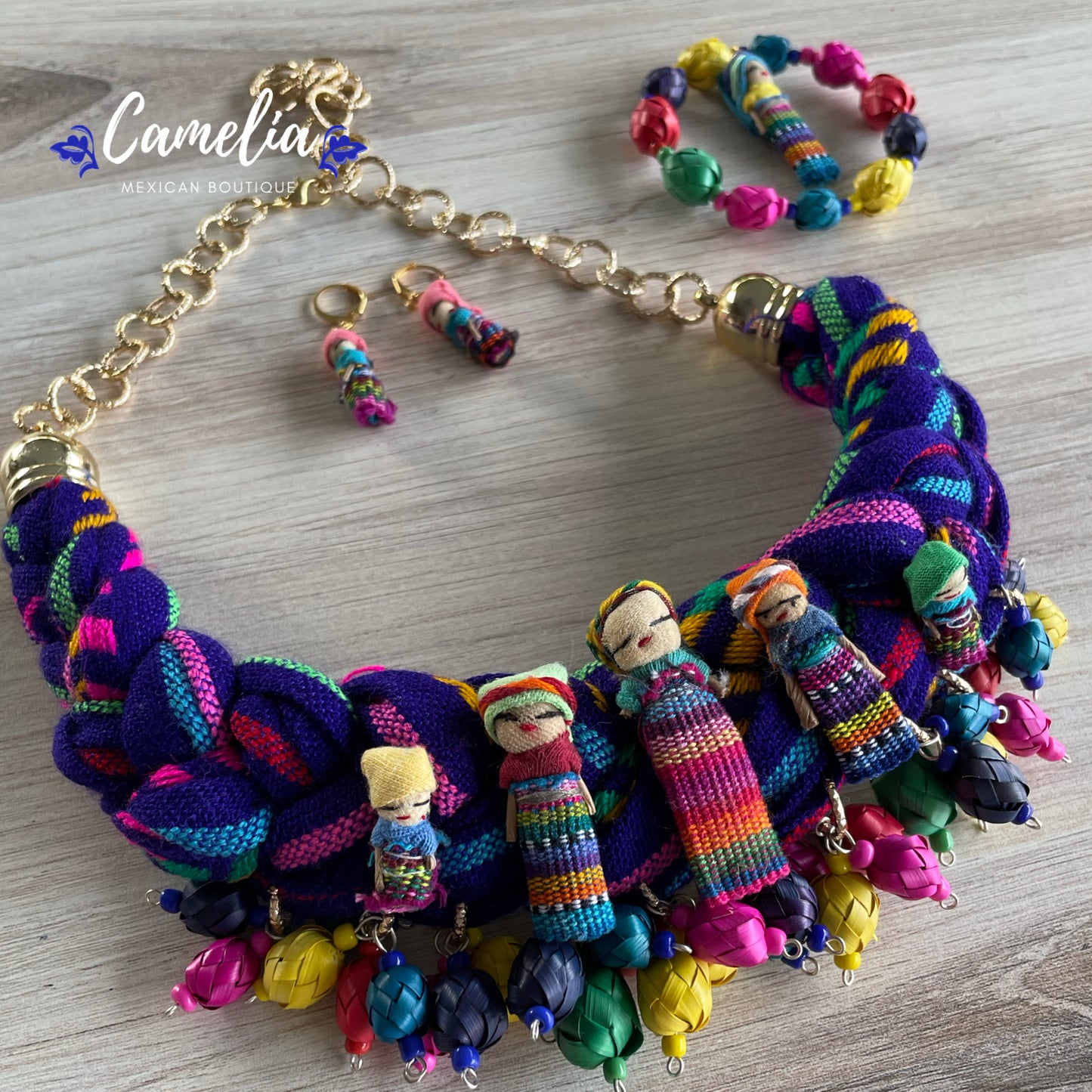 Mexican Quitapena Mayan Doll Palm Necklace Set