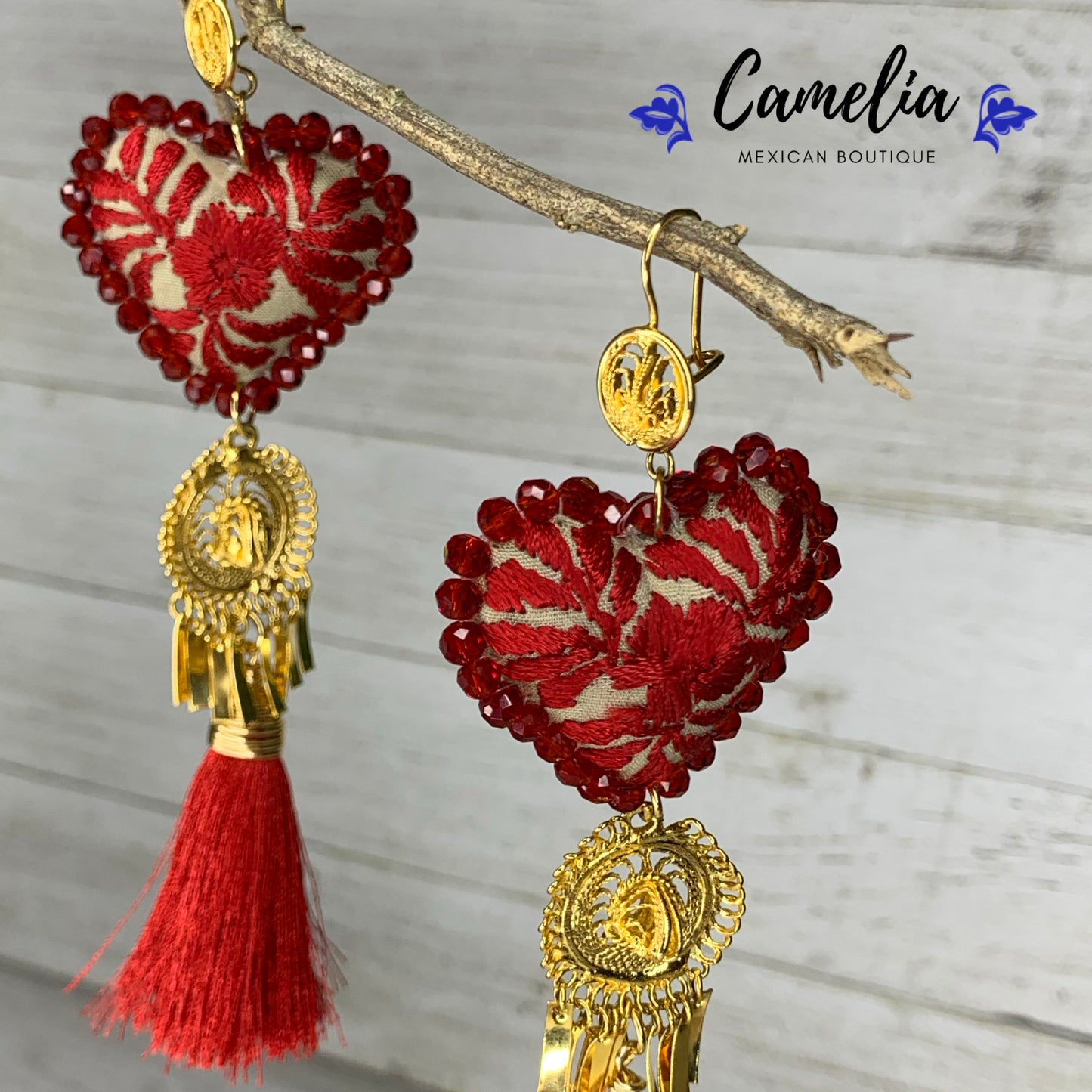 San Antonino Filigree Embroidered Heart Tasseled Earrings - Red