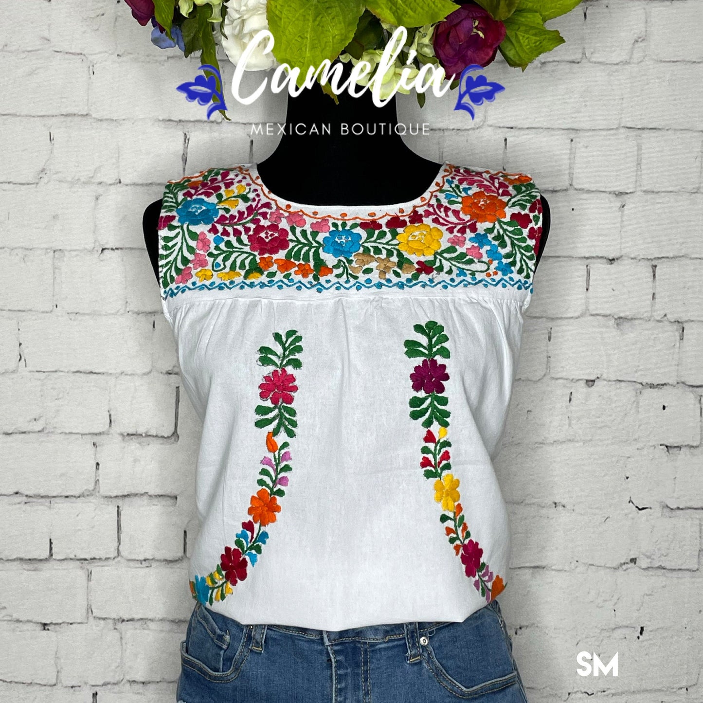 San Antonino Mexican Blouse - Sleeveless Cotton Embroidery